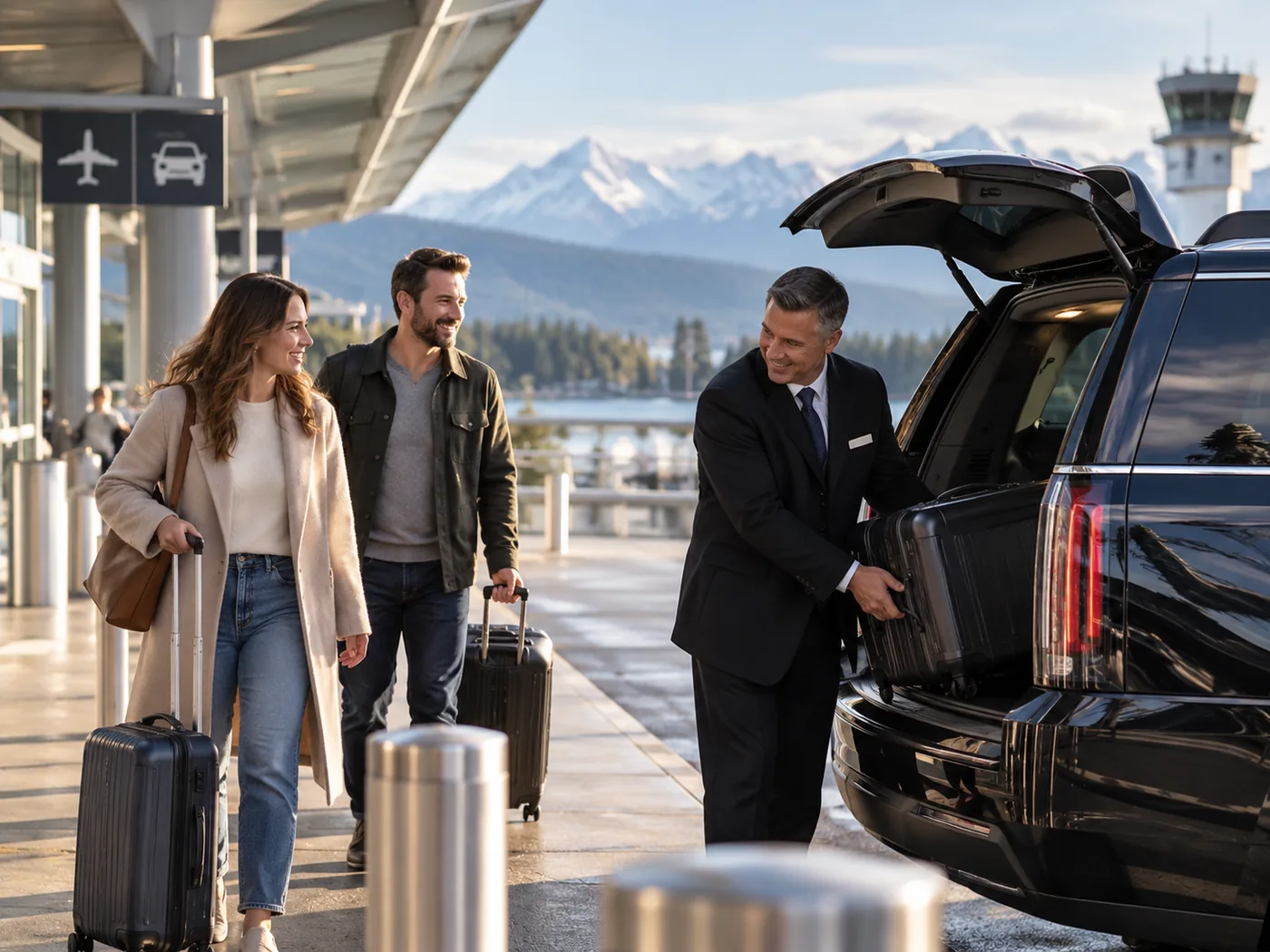 Illustrative private airport curbside pickup with travelers and luggage