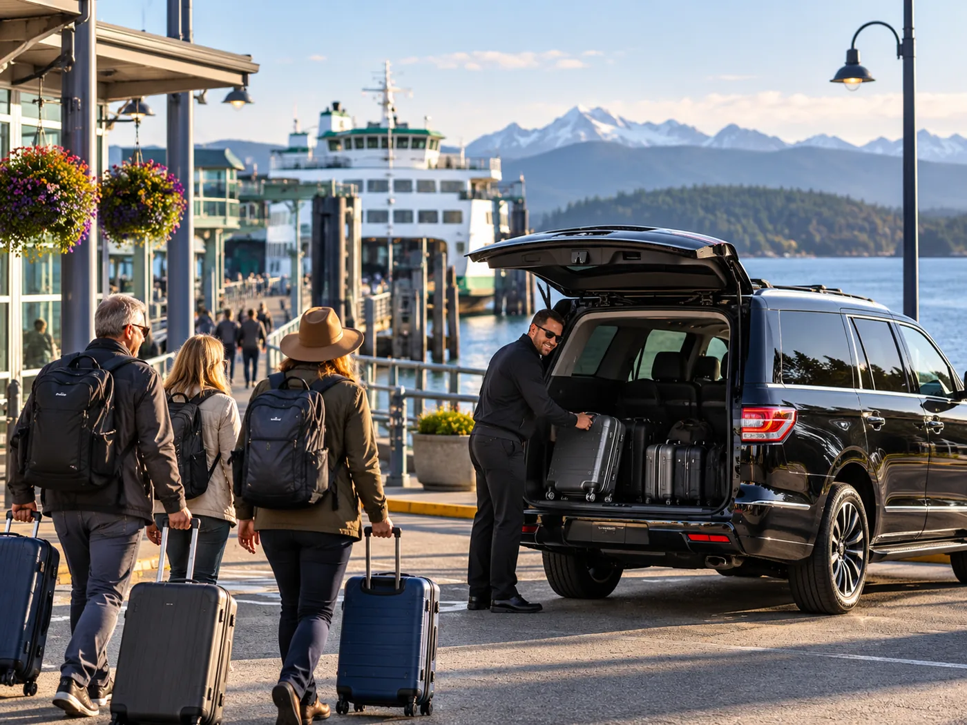 Illustrative Pacific Northwest ferry transfer with luggage and private transportation